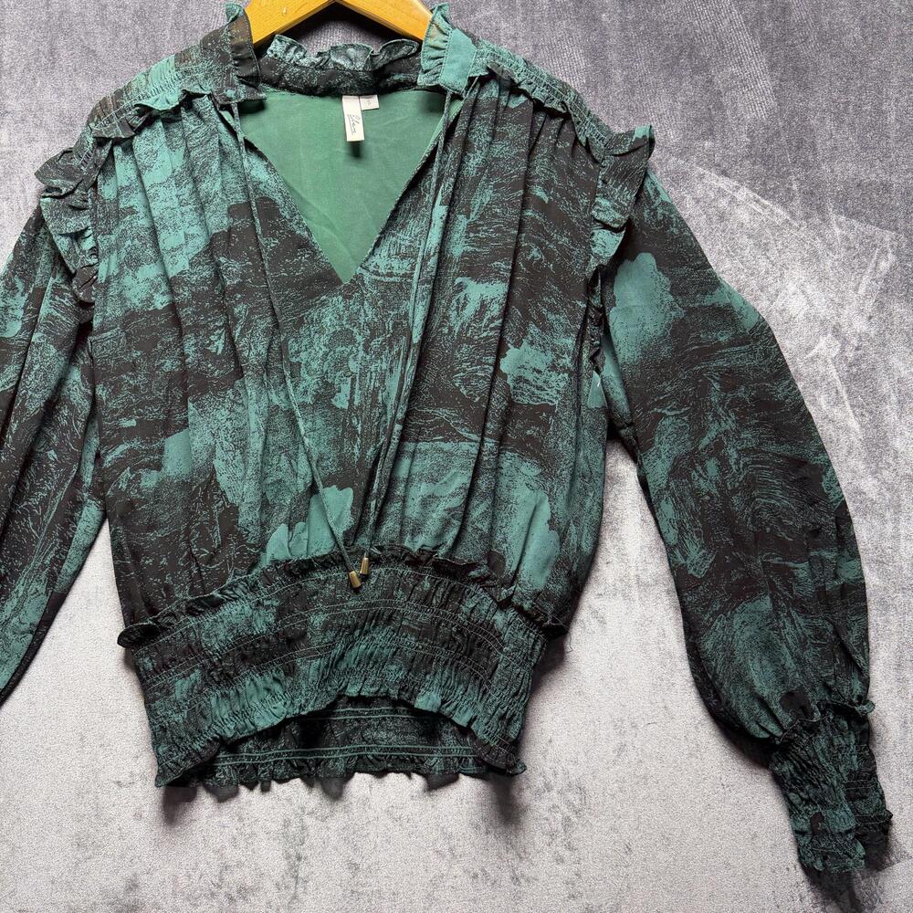Elan Blouse Womens S Green Cropped Sheer Ruffle Smocked Waist Long Sleeve Boho